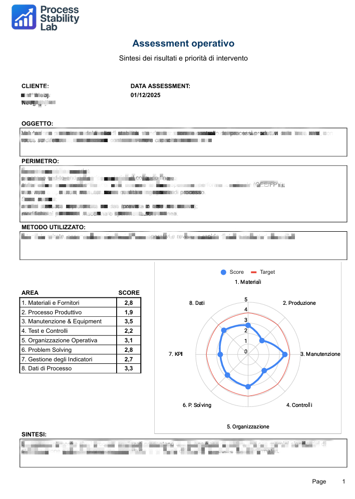 Esempio di frontespizio del report di assessment con radar chart